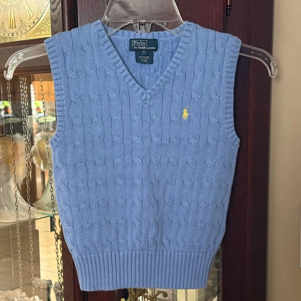 Polo Ralph Lauren Boys' Cable Knit Light Blue Cotton Sweater Vest Size 5